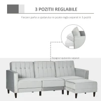 HOMCOM Canapea extensibila  cu 3 locuri cu taburet si spatar inclinabil, tapiterie din catifea si scaun captusit, 218x85x86 cm, gri deschis(m-6)