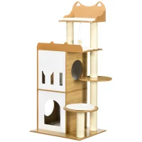 PawHut Ansamblul pentru pisici MDF cu stalpi de zgariat din sisal, 2 casute pentru pisici, platforme si minge de joaca, 60x48x133 cm, alb si stejar(m-12)
