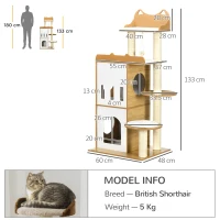 PawHut Ansamblul pentru pisici MDF cu stalpi de zgariat din sisal, 2 casute pentru pisici, platforme si minge de joaca, 60x48x133 cm, alb si stejar(m-3)