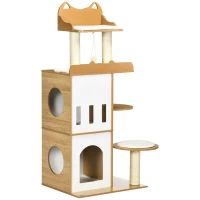 PawHut Ansamblul pentru pisici MDF cu stalpi de zgariat din sisal, 2 casute pentru pisici, platforme si minge de joaca, 60x48x133 cm, alb si stejar(m-1)