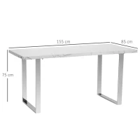 HOMCOM Modern Dining Room Table Rectangular Kitchen Table for 6-8 People with Marble Effect Tabletop Steel Legs 155 cm White(m-3)