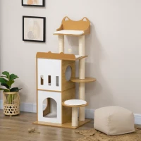 PawHut Ansamblul pentru pisici MDF cu stalpi de zgariat din sisal, 2 casute pentru pisici, platforme si minge de joaca, 60x48x133 cm, alb si stejar(m-11)