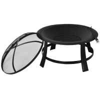 Outsunny Outdoor Round Metal Fire Pit Φ75.5cm with Poker Wood Grate for Garden Patio Black