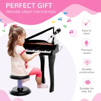 HOMCOM 37 Keys Kids Mini Electronic Keyboard Children Grand Piano with Stool Microphone Light Musical Instrument Educational Game Toy Set (Black)(m-4)