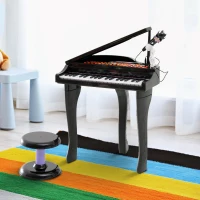 HOMCOM 37 Keys Kids Mini Electronic Keyboard Children Grand Piano with Stool Microphone Light Musical Instrument Educational Game Toy Set (Black)(m-8)