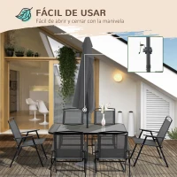 Outsunny Conjunto de Muebles de Jardín 8 Piezas con 6 Sillas Plegables Mesa de Comedor de Vidrio y Sombrilla Inclinable con Manivela Protección del Sol para Terraza Exterior Negro(m-7)