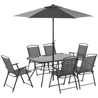 Outsunny Conjunto de Muebles de Jardín 8 Piezas con 6 Sillas Plegables Mesa de Comedor de Vidrio y Sombrilla Inclinable con Manivela Protección del Sol para Terraza Exterior Negro(m-1)