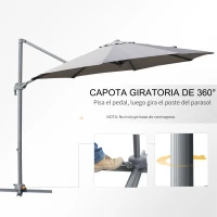 Outsunny Sombrilla de Aluminio Jardín Ø300x250 cm Parasol Excéntrico con Rotación 360° Inclinación de 6 Niveles con Manivela Ventilación y Base Cruzada para Patio Terraza Gris(m-4)
