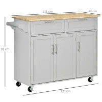 HOMCOM Carrello da Cucina Multiuso in Legno con 2 Cassetti, 3 Antine e 4 Ruote 121x46x91cm, Grigio(m-3)