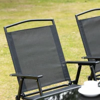 Outsunny Conjunto de Muebles de Jardín 8 Piezas con 6 Sillas Plegables Mesa de Comedor de Vidrio y Sombrilla Inclinable con Manivela Protección del Sol para Terraza Exterior Negro(m-8)