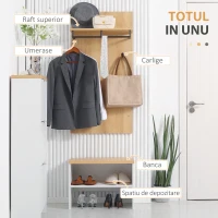 HOMCOM Entryway Organizer with Shoe Bench, Shoe Rack, Hall Tree with 4 Hooks, Coat Rack for Hallway, White and Natural(m-4)