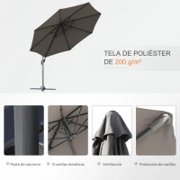 Outsunny Sombrilla de Aluminio Jardín Ø300x250 cm Parasol Excéntrico con Rotación 360° Inclinación de 6 Niveles con Manivela Ventilación y Base Cruzada para Patio Terraza Gris(m-7)