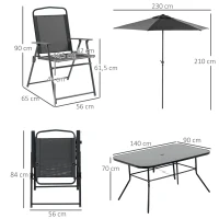 Outsunny Conjunto de Muebles de Jardín 8 Piezas con 6 Sillas Plegables Mesa de Comedor de Vidrio y Sombrilla Inclinable con Manivela Protección del Sol para Terraza Exterior Negro(m-3)