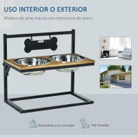 PawHut Comedero para Perros Elevado Altura Ajustable con 2 Cuencos de Acero Inoxidable Alimentador de Agua y Comida para Mascotas 58x32x50 cm Negro y Roble(m-7)