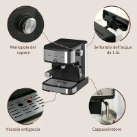HOMCOM Macchina per Caffè Espresso e Cappuccino, 850W e 15 Bar, Serbatoio Rimovibile, 35.5x21x29cm(m-6)