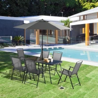 Outsunny Conjunto de Muebles de Jardín 8 Piezas con 6 Sillas Plegables Mesa de Comedor de Vidrio y Sombrilla Inclinable con Manivela Protección del Sol para Terraza Exterior Negro(m-2)