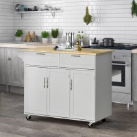 HOMCOM Carrello da Cucina Multiuso in Legno con 2 Cassetti, 3 Antine e 4 Ruote 121x46x91cm, Grigio(m-10)