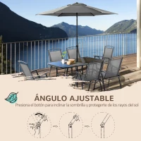 Outsunny Conjunto de Muebles de Jardín 8 Piezas con 6 Sillas Plegables Mesa de Comedor de Vidrio y Sombrilla Inclinable con Manivela Protección del Sol para Terraza Exterior Negro(m-6)