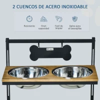 PawHut Comedero para Perros Elevado Altura Ajustable con 2 Cuencos de Acero Inoxidable Alimentador de Agua y Comida para Mascotas 58x32x50 cm Negro y Roble(m-4)