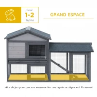 PawHut Clapier cage à lapins rongeurs 2 niveaux clapier lapin nain avec 3 portes verrouillables tiroir à déjection toit intégral bitumé 147L x 54l x 84H cm bois massif pin gris(m-5)