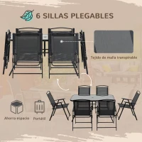 Outsunny Conjunto de Muebles de Jardín 8 Piezas con 6 Sillas Plegables Mesa de Comedor de Vidrio y Sombrilla Inclinable con Manivela Protección del Sol para Terraza Exterior Negro(m-5)