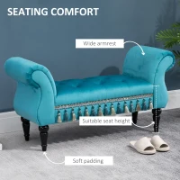 HOMCOM Bed End Bench, Vintage Bench Seat with Armrest and Button Tufted, Velvet Upholstered Footstool for Bedroom, Blue(m-6)