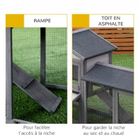 PawHut Clapier cage à lapins rongeurs 2 niveaux clapier lapin nain avec 3 portes verrouillables tiroir à déjection toit intégral bitumé 147L x 54l x 84H cm bois massif pin gris(m-7)