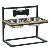 PawHut Comedero para Perros Elevado Altura Ajustable con 2 Cuencos de Acero Inoxidable Alimentador de Agua y Comida para Mascotas 58x32x50 cm Negro y Roble(m-1)