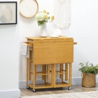 HOMCOM Bamboo Breakfast Cart 3 Piece Kitchen Trolley with Drop Leaf Table and 2 Square Stools, Brown(m-10)