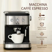 HOMCOM Macchina per Caffè Espresso e Cappuccino, 850W e 15 Bar, Serbatoio Rimovibile, 35.5x21x29cm(m-4)