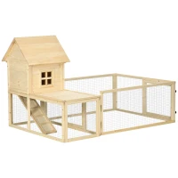 PawHut Cotet din molid cu tava detasabila, 3 usi si zona exterioara, 151,5x106x97 cm, culoare lemn(m-1)