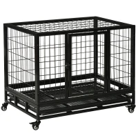 PawHut 38" Heavy Duty Metal Dog Crate Pet Cage with Tray Wheeled Dog Kennel - Black (Medium)(m-1)
