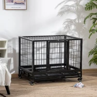 PawHut 38" Heavy Duty Metal Dog Crate Pet Cage with Tray Wheeled Dog Kennel - Black (Medium)(m-10)