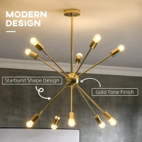 HOMCOM Lustra suspendata din metal auriu in stil Sputnik, Candelabru cu 10 lumini pentru bucatarie, sufragerie si dormitor, 65x65x78,5 cm(m-4)