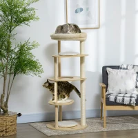 PawHut Ansamblu pentru pisici din PAL si lemn de pin cu stalp de zgariat pentru pisici din sisal, pat pentru pisici si stinghie de plus si bumbac PP, Ø54x123,5 cm, culoare stejar(m-10)