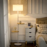 HOMCOM Lampadaire sur pied salon abat-jour en tissu 2 étagères rondes en bois interrupteur au pied culot E27 163 cm blanc(m-2)