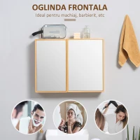 kleankin Oglinda de baie din bambus si sticla cu 3 rafturi, 2 usi si oglinzi, 65,2x14x50 cm, culoare lemn(m-6)