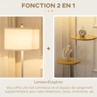 HOMCOM Lampadaire sur pied salon abat-jour en tissu 2 étagères rondes en bois interrupteur au pied culot E27 163 cm blanc(m-5)