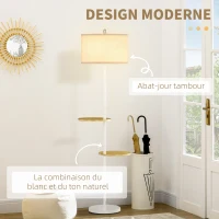 HOMCOM Lampadaire sur pied salon abat-jour en tissu 2 étagères rondes en bois interrupteur au pied culot E27 163 cm blanc(m-4)