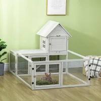 PawHut Indoor Rabbit Hutch, Guinea Pig Cage, with Slide-Out Tray, Large Fenced Area - Light Grey(m-2)