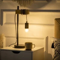 Lampa de masa in stil industrial HOMCOM, veioza si noptiera din lemn si otel, fara abajur, negru si natural(m-10)