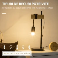 Lampa de masa in stil industrial HOMCOM, veioza si noptiera din lemn si otel, fara abajur, negru si natural(m-7)