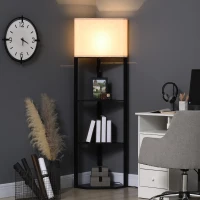 HOMCOM Lampa de podea de colt cu rafturi si abajur din material textil, lampa din lemn pentru living si dormitor, 50x37x159cm, negru(m-2)