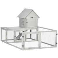PawHut Indoor Rabbit Hutch, Guinea Pig Cage, with Slide-Out Tray, Large Fenced Area - Light Grey(m-1)