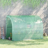 Outsunny Walk-In Lean to Wall Greenhouse with Windows and Doors 2 Tiers 6 Wired Shelves 300L x 150W x 213Hcm Green(m-11)