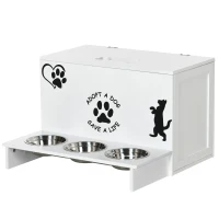 PawHut Set de 3 boluri pentru caini 500 ml cu spatiu de depozitare din MDF si suport din otel inoxidabil, 57x53x37,5 cm, alb(m-4)