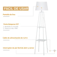 HOMCOM Lámpara de Pie Trípode de Metal Casquillo E27 de Máximo 40W con Pantalla de Lino y Estante de 2 Niveles 32,5x32,5x157,3 cm Blanco(m-4)