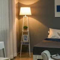 HOMCOM Lámpara de Pie Trípode de Metal Casquillo E27 de Máximo 40W con Pantalla de Lino y Estante de 2 Niveles 32,5x32,5x157,3 cm Blanco(m-7)