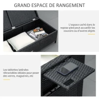 Outsunny Canapé-lit de jardin modulable en résine tressée bain de soleil 2 places dossier inclinable tablettes rétractables coussins intégrées crème + repose-pieds avec coffre de rangement chocolat(m-6)
