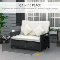 Outsunny Canapé-lit de jardin modulable en résine tressée bain de soleil 2 places dossier inclinable tablettes rétractables coussins intégrées crème + repose-pieds avec coffre de rangement chocolat(m-5)